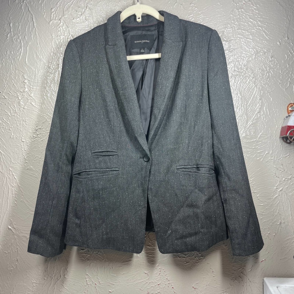 Banana Republic Black White Single Button Up Lined Chevron Blazer Womens Sz 6